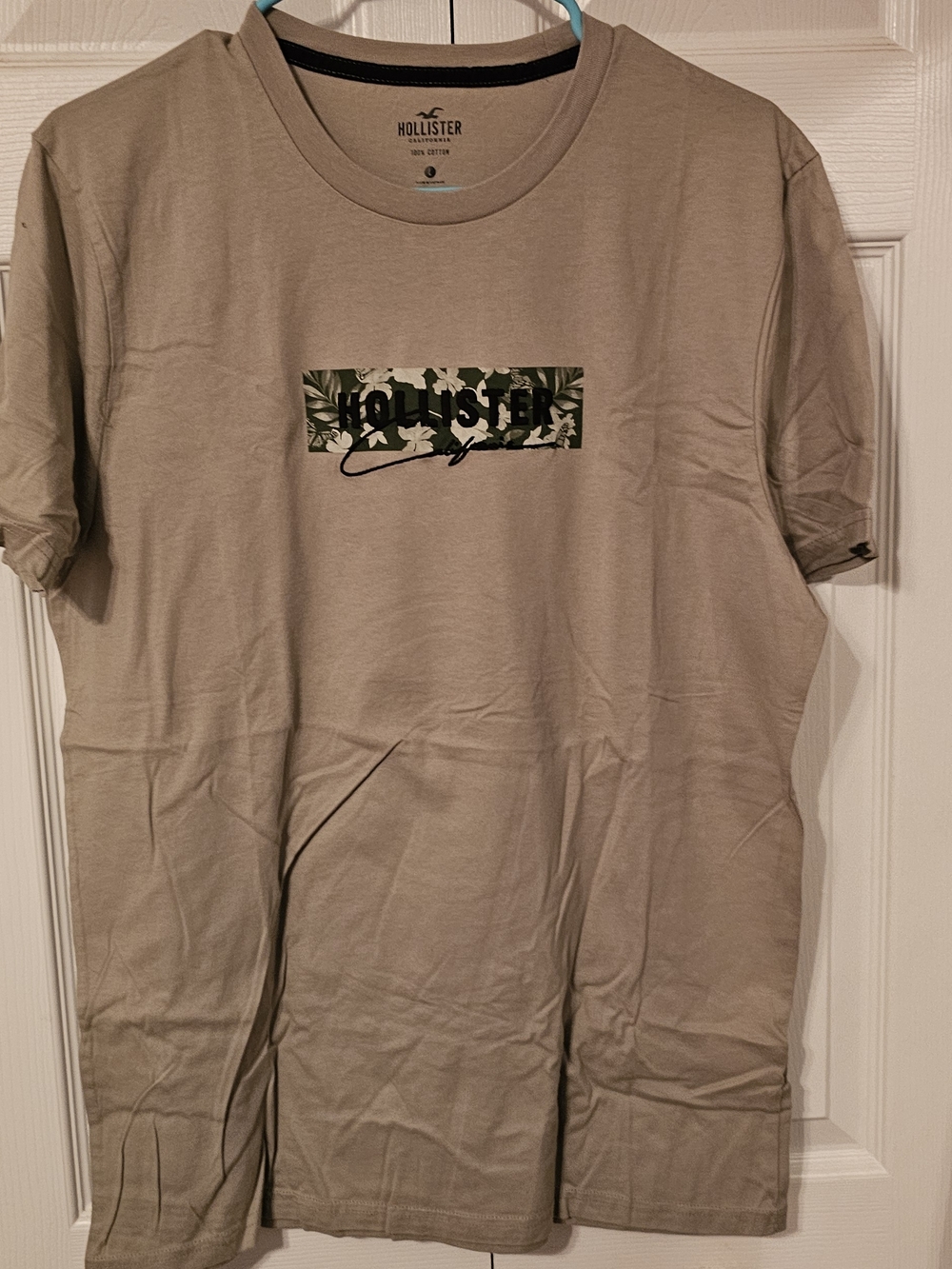 Hollister Tan Short-Sleeve Tee with Green Floral Logo